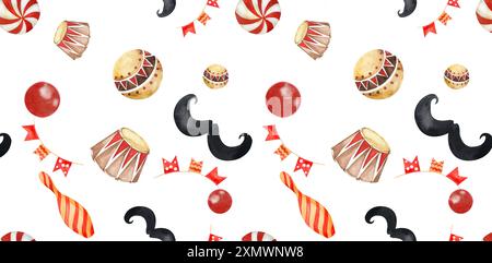 Motif sans couture sur le thème du cirque vintage. Balles, sphères, drapeaux, moustache du magicien. Illustration aquarelle. Pour cartes postales, invitations, enfants Banque D'Images
