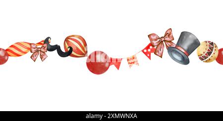 Bannière sans couture Vintage Circus. Ballons, Skittles, Top Hat, Bow, moustache magicien, balles. Illustration aquarelle. Tons rouge beige. Pour les cartes postales, Banque D'Images