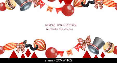 Bannière sans couture Vintage Circus. Ballons, Skittles, Top Hat, Bow, moustache magicien, balles. Illustration aquarelle. Tons rouge beige. Pour les cartes postales, Banque D'Images