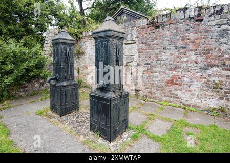 Pompes à eau sur le côté S et dans les terrains du David Hughes Community Centre, avec les douves du château sur le côté E et une section retournée du mur de briques listées Banque D'Images