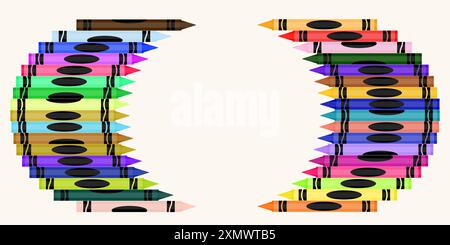 Illustration colorée de cadre de crayon de cire. Éducation fournitures scolaires - Noir, Indigo, Bleu, Turquoise, sarcelle, vert, jaune, orange, rouge, rose, violet Illustration de Vecteur