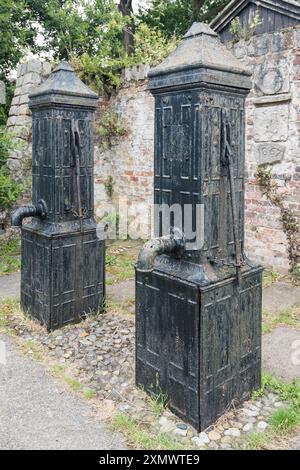 Pompes à eau sur le côté S et dans les terrains du David Hughes Community Centre, avec les douves du château sur le côté E et une section retournée du mur de briques listées Banque D'Images
