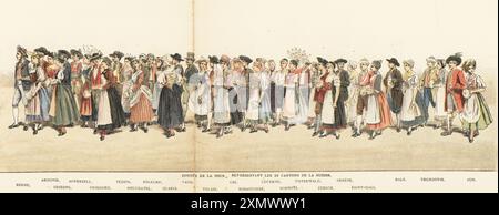 Cortège d'invités de mariage des 22 cantons de Suisse. Invite de la Noce REPRESENTANT les 22 cantons de la Suisse. Berne, Argovie, Grisons, Appenzell, Fribourg, Tessin, Neuchâtel, Soleure, Glaris, etc Chromolithographie de S. Krakow tirée de l'album officiel de la Fête des Vignerons, album officiel du Festival des vignerons, Loertscher et Jacot-Guillarmod, Vevey, Suisse, 1889. Plus de 1 300 interprètes ont participé au défilé musical du 6e Festival. Banque D'Images