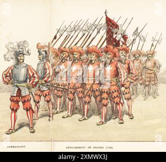 Officiers et corps des gardes suisses. Officiers en casques à plumes et en poitrines, devant une compagnie de gardes armés de demi-berdes. Commandant, détachement de Suisses. Chromolithographie de S. Krakow tirée de l'album officiel de la Fête des Vignerons, album officiel du Festival des vignerons, Loertscher et Jacot-Guillarmod, Vevey, Suisse, 1889. Plus de 1 300 interprètes ont participé au défilé musical du 6e Festival. Banque D'Images