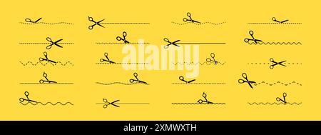 Ensemble de ciseaux coupant différentes lignes sur fond jaune. Couper ici symboles Illustration de Vecteur