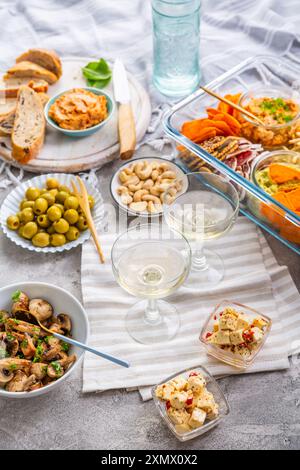 Deux verres de vin et plateau avec appertisseurs pour un pique-nique, manger en plein air Banque D'Images