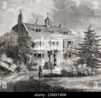 Gads Hill place, alias Gadshill place et Gad's Hill place, Higham, Kent, Angleterre, maison de campagne de Charles Dickens, vue ici au XIXe siècle. Extrait de Cassell's Illustrated History of England, publié vers 1880. Banque D'Images