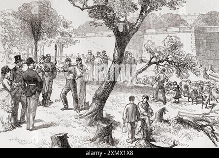 La fortification de Paris, France, abattage des arbres dans le bois de Boulogne, pendant la guerre franco-russe en 1870. Extrait de Cassell's Illustrated History of England, publié vers 1880. Banque D'Images