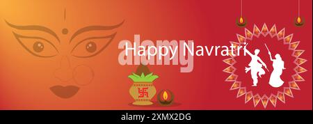 Illustration vectorielle de l'affiche navratri maa durga visage avec couple faisant garba célébration navratri heureuse Illustration de Vecteur