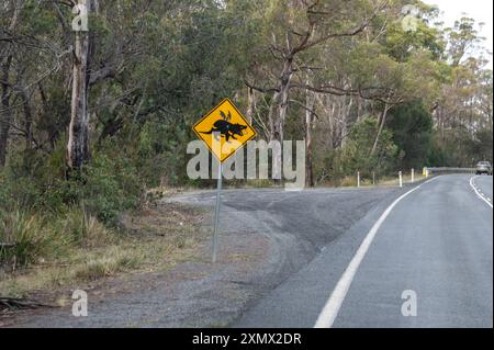 Un panneau d'avertissement animalier australien indiquant un habitat local du diable de Tasmanie en Tasmanie, Australie. Certains panneaux routiers tasmaniens sont humoristiques comme ceci Banque D'Images