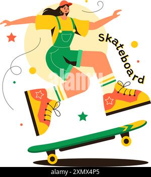 Illustration vectorielle de skateboard avec des skateurs sautant sur un tremplin dans un Skatepark dans Extreme Sports sur fond de dessin animé de style plat Illustration de Vecteur