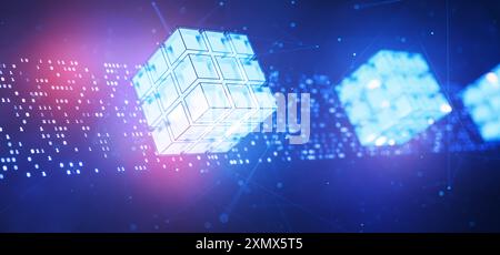 Big Data. Code binaire. Attaque de pirates informatiques. Blockchain. Intelligence artificielle. Fond technique abstrait. Bloc de données. Cube avec code binaire. Ordinateur Banque D'Images