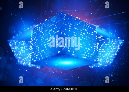 Bloc de données. Cube avec code binaire. Code informatique. Fond technique abstrait. Big Data. Code binaire. Attaque de pirates informatiques. Blockchain. Intellig. Artificiel Banque D'Images