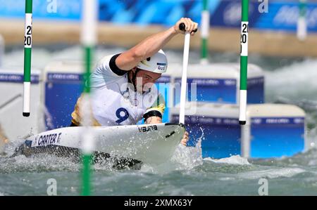 Paris, France. 29 juillet 2024. Jeux Olympiques de Paris 2024. Canoë Slalom. Stade nautique olympique. Paris. Tristan carter (AUS) dans la compétition de kayak simple masculin (MK1) lors des Jeux olympiques de Paris 2024 au stade olympique nautique, France. Crédit : Sport in Pictures/Alamy Live News Banque D'Images