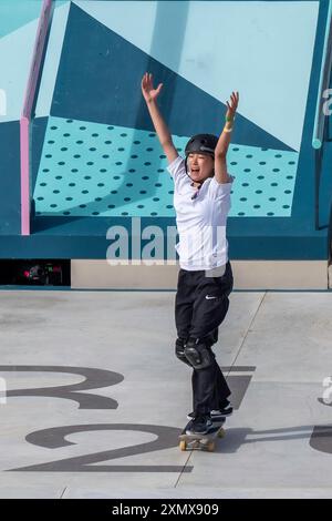 Skateboard Street W finales Jeux Olympiques d'été 2024, Paris France. Banque D'Images