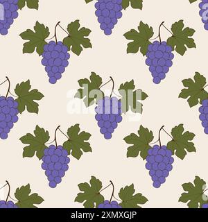 Motif sans couture de raisin violet, dessin de doodle de contour des baies de raisin et des feuilles. Illustration vectorielle Illustration de Vecteur