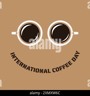 Journée internationale du café. Tasses à café avec visage souriant. Isolé sur marron. Illustration de Vecteur