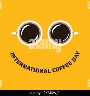 Journée internationale du café. Tasses à café avec visage souriant. Isolé sur jaune. Illustration de Vecteur