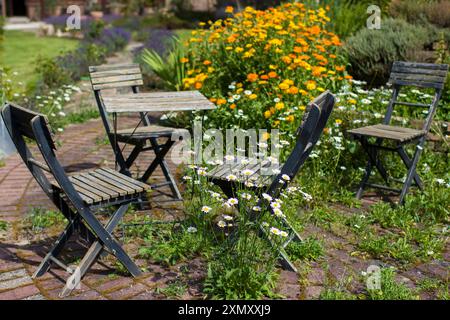 jardin sauvage - spirale d'herbes dans le jardin avec des herbes fraîches et des fleurs, table et chaises Banque D'Images