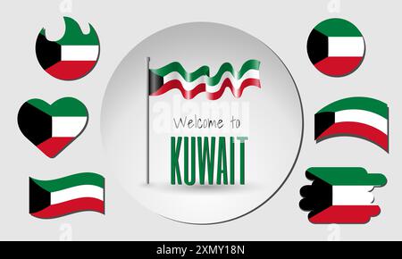 Ensemble de drapeaux du Koweït et agitant le drapeau du Koweït en vecteur avec l'inscription Bienvenue au Koweït! Illustration de Vecteur