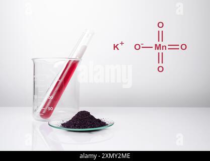 Permanganate de potassium (KMnO4) à structure chimique, un composé chimique commun qui combine le minerai d'oxyde de manganèse avec l'hydroxyde de potassium. Banque D'Images