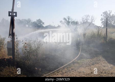 Les incendies de forêt et de steppe sèche complètement détruire les champs et les steppes au cours d'une grave sécheresse. Apporte des catastrophes les dommages infligés à la nature ordinaire et de l'économie de Banque D'Images