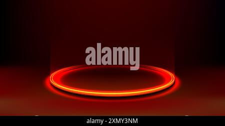 Anneau lumineux rouge sur le sol.Podium circulaire ou téléport.Modèle futuriste de support pour accessoires de jeu pour pc.Arrière-plan Red résumé hi-tech pour Illustration de Vecteur