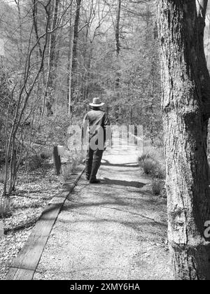 La photo montre un couple caucasien de 50 à 55 ans de randonnée sur un sentier au terrain de camping Davidson River près de Brevard et Hendersonville, comté de Transylvanie, Banque D'Images