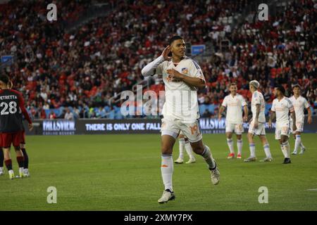 Toronto, Ontario, Canada, 25 mai 2024, K. Kelsy #19 célèbre son but, match de soccer de la Ligue majeure entre Toronto FC et le FC Cincinnati au BMO Field. Banque D'Images