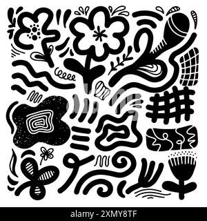 Ensemble de vecteurs abstraits dessinés à la main. Différentes flèches Doodle, directions, formes. Lignes à main levée, courbes, points, spirales. Illustration de Vecteur