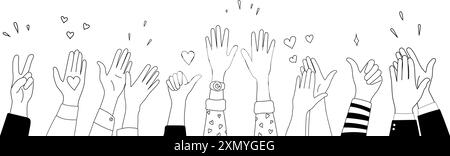 Doodle esquisse mains vers le haut gestes icônes comiques silhouettes ensemble de vecteur. Illustration de Vecteur