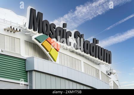 Regina Saskatchewan Canada, 19 juillet 2024 : Mosaic Stadium vue rapprochée où les Roughriders jouent au football dans la Ligue canadienne de football. Banque D'Images