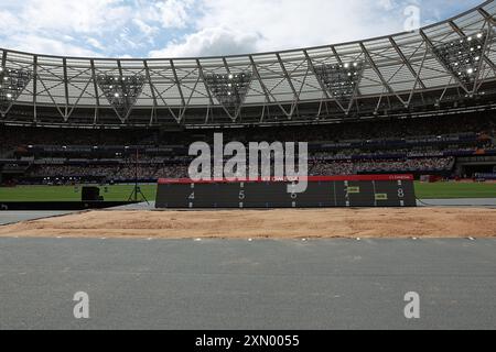 Vue de la fosse de long Jump avec le stade derrière la London Diamond League 2024 Banque D'Images