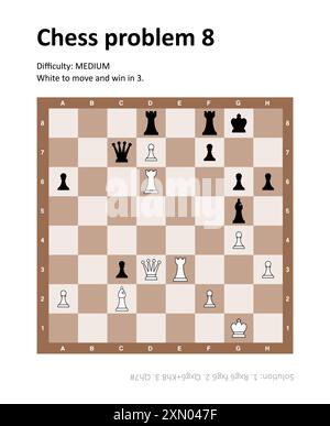 Puzzle de problème d'échecs avec solution. Illustration de problème d'échecs de difficulté moyenne. Illustration de Vecteur