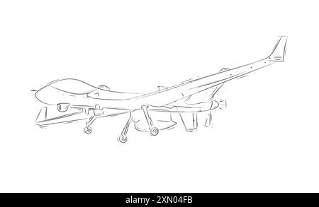 Grand drone armé de reconnaissance aéroporté dessiné en blanc sur fond bleu Illustration de Vecteur