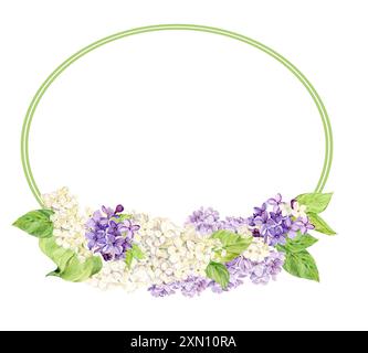 Élégant cadre ovale avec lilas. Modèle avec fleurs de printemps avec place pour le texte. Carte pour la fête des mères et la Saint-Valentin. Illustration pour déco de mariage Banque D'Images