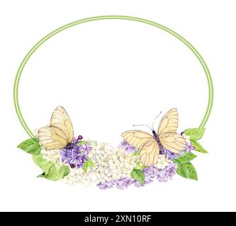 Élégant cadre ovale avec lilas et papillons. Modèle avec fleurs de printemps avec place pour le texte. Carte de voeux pour la fête des mères, la Saint-Valentin. Ill Banque D'Images