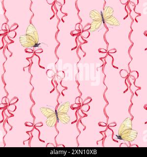 Modèle sans couture de noeuds en satin et de papillons blancs. Fond d'aquarelle de rubans de soie rose. Décoration pour anniversaires, mariages, Saint-Valentin. Déco Banque D'Images