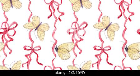 Modèle sans couture de noeuds en satin et de papillons blancs. Fond d'aquarelle de rubans de soie rose. Décoration pour anniversaires, mariages, Saint-Valentin. Déco Banque D'Images