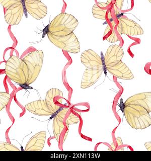 Modèle sans couture de noeuds en satin et de papillons blancs. Fond d'aquarelle de rubans de soie rose. Décoration pour anniversaires, mariages, Saint-Valentin. Déco Banque D'Images