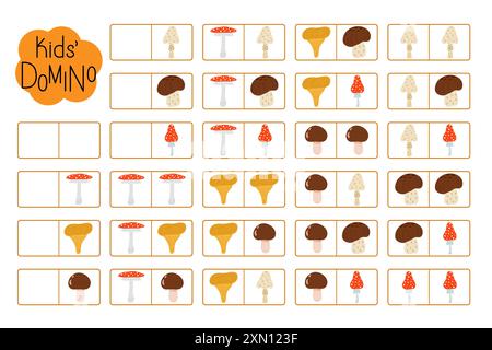 Domino pour les enfants, apprentissage du vocabulaire d'automne activité éducative amusante pour le développement de la pensée logique, illustration de champignons brillants feuille de travail imprimable pour le jeu de société de groupe, ressources pédagogiques Illustration de Vecteur