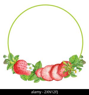 Cadre rond avec fraises de jardin. Fleurs d'aquarelle et feuilles de baies rouges mûres sur fond blanc. Composition de fraises de ferme à d Banque D'Images