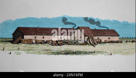 Un service religieux mennonite devant leur caserne dans le centre du Kansas. Gravure du journal 'Frank Leslie's'' (1875). Banque D'Images