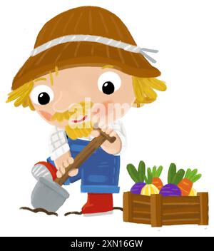 scène de dessin animé avec l'homme fermier debout faisant une certaine activité illustation de fond isolé pour les enfants Banque D'Images
