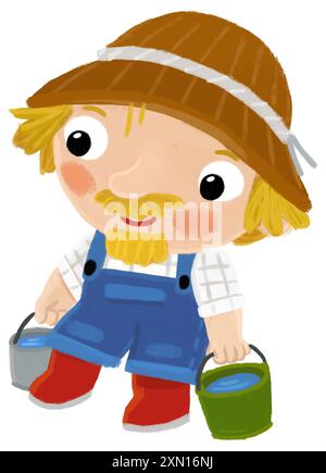 scène de dessin animé avec l'homme fermier debout faisant une certaine activité illustation de fond isolé pour les enfants Banque D'Images