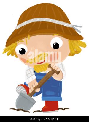 scène de dessin animé avec l'homme fermier debout faisant une certaine activité illustation de fond isolé pour les enfants Banque D'Images