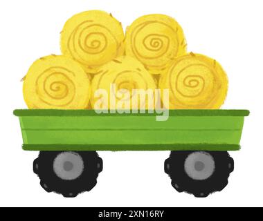 scène de dessin animé avec remorque de tracteur pour le foin pour l'utilisation de ranch de ferme illustation de fond isolé pour les enfants Banque D'Images