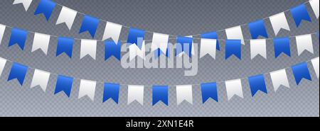 Drapeaux de banderole, drapeaux de fête de carnaval, fanions de fête blancs et bleus accrochés à une corde. Illustration de Vecteur