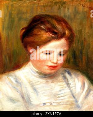 Chef également appelé Etude de brodeuse par Pierre-Auguste Renoir. Cette peinture représente une jeune fille dans une humeur douce et réfléchie. Elle pencha la tête Banque D'Images