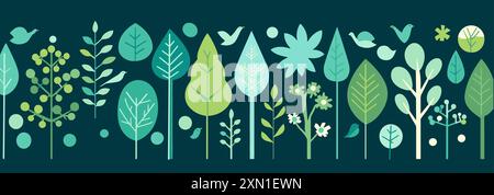 Affiche plate abstraite avec arbres oiseaux et fleurs. Bannière éco forêt icône simple minimaliste. De larges formes simples laisse le vecteur de voyage extérieur de la nature Illustration de Vecteur